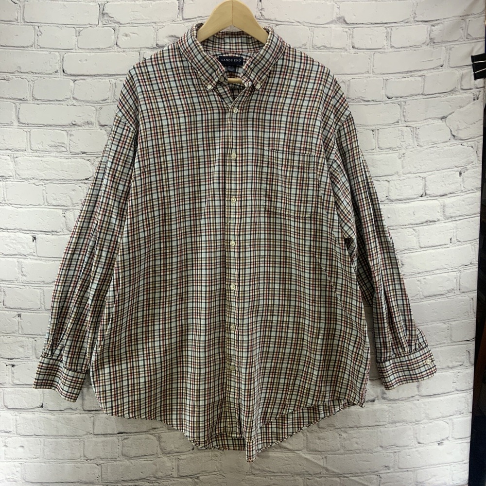 Lands End Plaid Shirt Mens Sz 18.5 Long Sleeve Button Down Brown‎ Blue